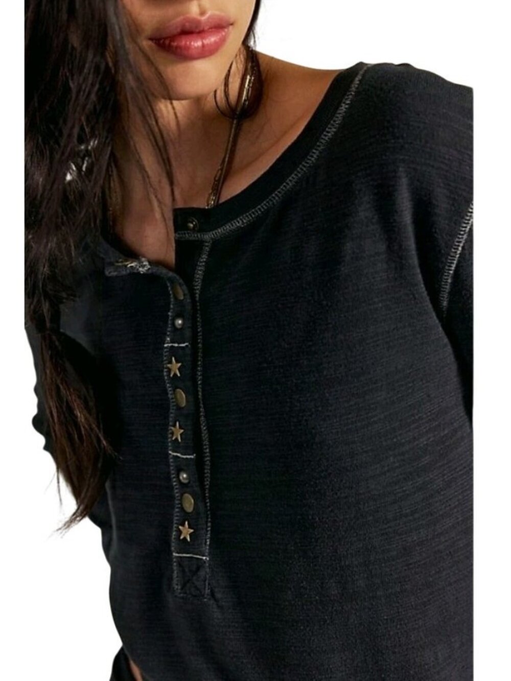 We the Free People Josie Thermal Henley Blue Bella Swan Y2K Elena Gilbert Sz L - Picture 2 of 8